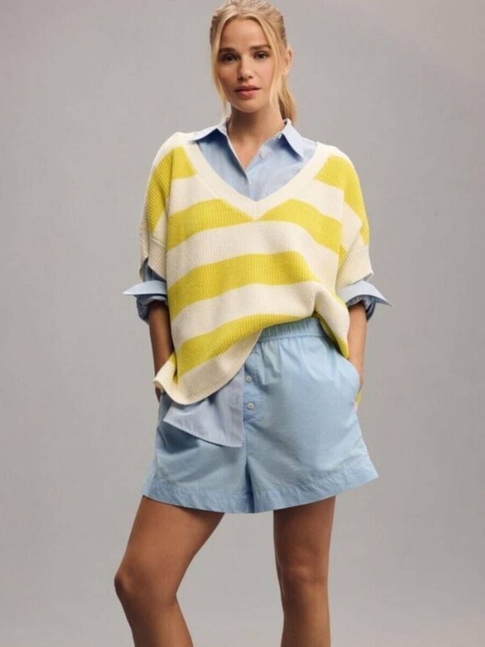 Anthropologie Maeve V Neck Sweater Tee Oversized Yellow Striped Size Extra Small